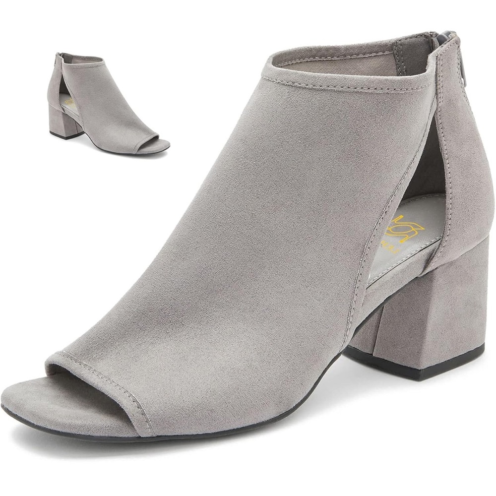 Chunky 2” Heel Suede Open Toe Side Cut Out Ankle Booties Back Zipper